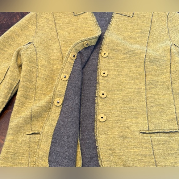 Eileen Fisher Merino Wool Mustard Yellow Blazer Fringe Hidden Snaps Sz M - Picture 5 of 12